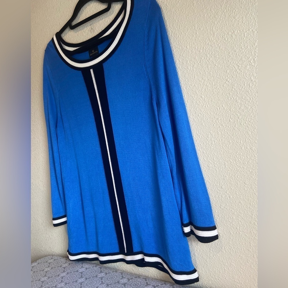 Worthington~Sporty~Dark Sky Blue~Striped Detail~Rayon~Knit Sweater~
Size M